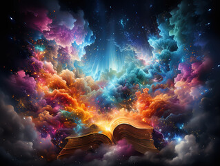 Wall Mural - Opened magic book realistic image with bright sparkling light rays