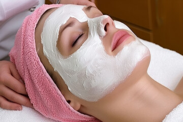 Attractive cheerful Smiling young woman applying face mask skin healthy and treatment therapy in fornt of bathroom mirror morning freshness lifestyle. Cosmetics and care