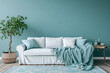 design for cozy modern living room, soft colors. Nice modern french design for a room, catalogue. blue and cyan. Furniture store. Abstract painting on the wall. 