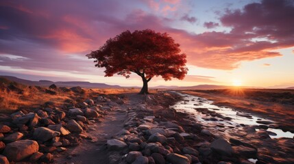 Sunset over a rolling countryside, vibrant colors in the sky, silhouette of a lone tree on a hill, capturing the tranquil and picturesque rural landsc