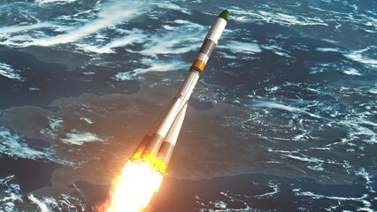 Wall Mural - cargo rocket flying over the earth. 3d animation. 4k.