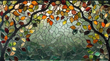 Wall Mural - Stained glass window background with colorful Leaf abstract.