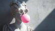 Antique-like female white statue head wears sunglasses and blows pink bubble gum. Contemporary art. Generative AI