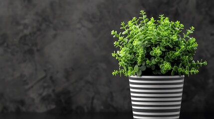 Wall Mural - Green decorative plant in the striped pot over the black and white background