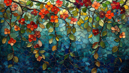 Wall Mural - Stained glass window background with colorful Flower and Leaf abstract.