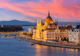 Fototapeta Miasto - Hungarian parliament building and Danube river at sunset, Budapest, Hungary