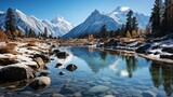 Fototapeta Natura - Snow-capped mountains reflected in a crystal-clear alpine lake, vibrant colors, emphasizing the pristine and untouched beauty of high-altitude landsca