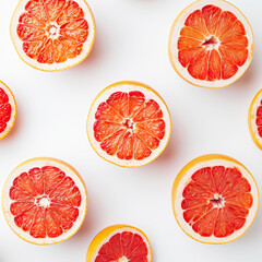 Wall Mural - Slices of grapefruit pattern on white background. Top view. Food modern concept. Hard shadow. Generative AI