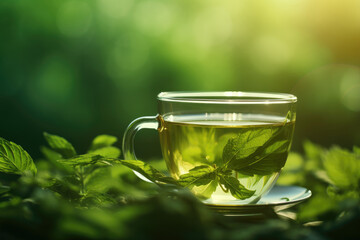 Fresh green tea with tea leaves in the water