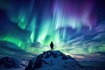 aurora borealis and silhouette of alone standing man on the mountain peak. sky with stars and green 