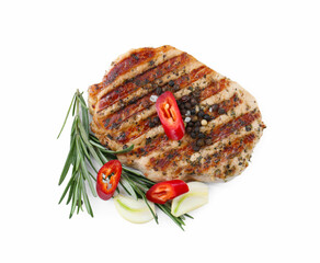 Sticker - Delicious grilled pork steak and spices on white background, top view