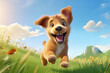 
Create a 3D illustration of a cheerful puppy chasing its tail in a grassy meadow. The puppy should have floppy ears and a wagging tail, with vibrant colors against a sunny sky background.