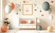 Greeting card, baby crib and congratulation balloons.