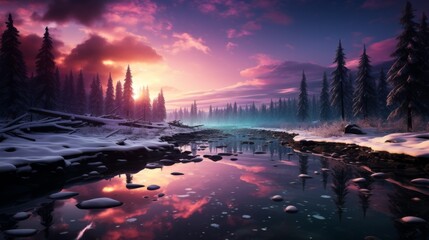 Northern lights (Aurora Borealis) dancing over a snowy landscape, vibrant green and purple colors in the sky, reflection on the snow, capturing the ma