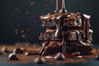 chocolate brownies with chocolate dripping on dark background