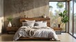 Minimalist bedroom with a low bed, monochromatic bedding, and minimal decor, conveying the peaceful and uncluttered ambiance, Photorealistic, minimali