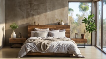 minimalist bedroom with a low bed, monochromatic bedding, and minimal decor, conveying the peaceful 