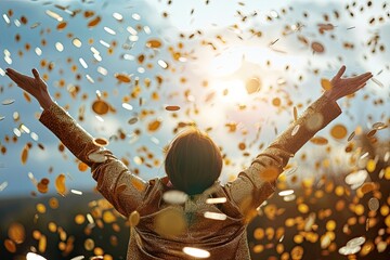 Wall Mural - A joyful and happy man with his hands up in flying gold coins. A rain of gold coins of money over a lucky man. Come in from behind. The concept: success, gain, wealth, fulfillment of dreams.