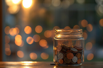 Wall Mural - a jar full of coins on a table with bokeh background. saving money concept