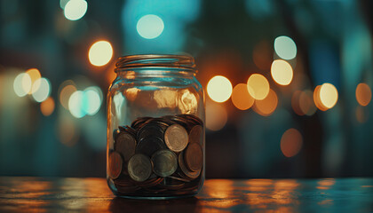 Wall Mural - a jar full of coins on a table with bokeh background. saving money concept