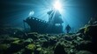 Underwater shot of a diver exploring a sunken ship, mysterious and eerie ambiance, light beams penetrating the water, emphasizing the adventure of div