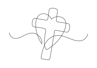 Christianity love. Heart and cross. Continuous line drawing. Religion concept. Vector illustration.