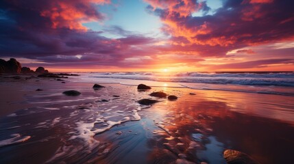 Wall Mural - Serene beach scene during sunset, the sun dipping into the ocean, sky painted in hues of purple and gold, tranquil and picturesque, Photography, high