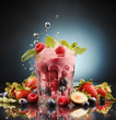 Glass with berries smoothie with splashing and fruits ingredients