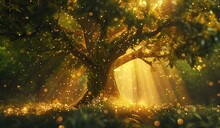 Magical Tree With Golden Glowing Dots In A Forest. The Concept Of Enchantment And Nature.
