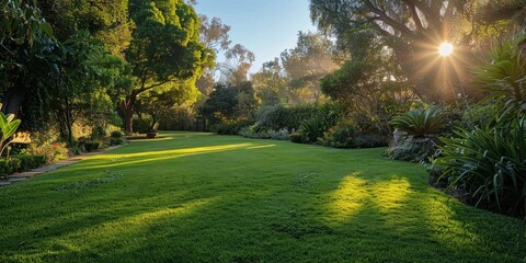 Wall Mural - Lush green trees in public park embodying tranquility of nature sunny landscape perfect for spring and summer showcasing beauty of well manicured lawns and vibrant foliage ideal for outdoor relaxation