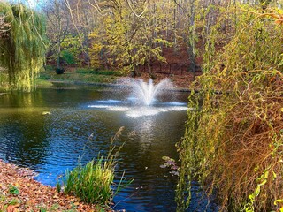 A fountain in the middle of a pond in an autumn park
