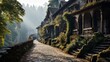 Mountain path leading to a secluded monastery, misty forest surroundings, conveying the journey and solitude in spiritual pursuit, Photorealistic, mon
