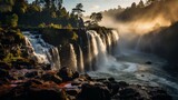 Fototapeta  - Vibrant rainbow arching over a cascading waterfall, lush greenery surrounding, mist in the air, showcasing the harmony and color of natural spectacles