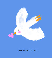 Wall Mural - cute white bird. lovely hand drawn vector illustration with flying dove with pink heart on a blue ba