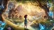 A beautiful scene of a charming boy discovering a magical world filled with wonder.