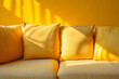 Sofa. Pillows or cushions. Soft colors. Guest or living room, dining room. Bedroom. Sunday morning activity. Relaxing. Modern. Yellow, purple, red