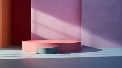 Sticker - Pedestal in colorful room with shadows on the wall. Rich colored podium scene for product display.