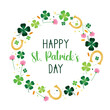 St. Patrick's Day greeting card with clover shapes, horseshoe, flowers and gold coins.