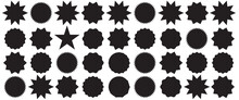 Set of black price sticker, sale or discount sticker, sunburst badges icon. Stars shape with different number of rays. Special offer price tag. Red starburst promotional badge set, shopping labels