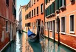 Narrow canal with gondola in Venice, Italy. Architecture and landmark of Venice. Cozy cityscape of Venice. Generative AI