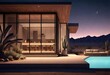 A house at desert landscaping at night time, Outdoor seating  3d render