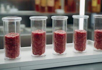 Wall Mural - Meat sample plastic cell culture dish in modern laboratory or production facility. Clean cell-based meat concept. Muscle and connective tissue cultured in vitro from animal cells.