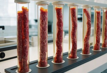 Wall Mural - Meat sample plastic cell culture dish in modern laboratory or production facility. Clean cell-based meat concept. Muscle and connective tissue cultured in vitro from animal cells.