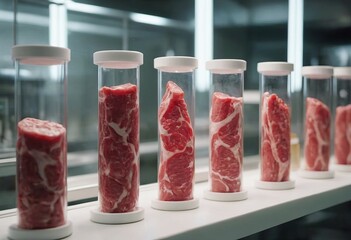 Wall Mural - Meat sample plastic cell culture dish in modern laboratory or production facility. Clean cell-based meat concept. Muscle and connective tissue cultured in vitro from animal cells.