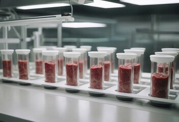 Wall Mural - Meat sample plastic cell culture dish in modern laboratory or production facility. Clean cell-based meat concept. Muscle and connective tissue cultured in vitro from animal cells.