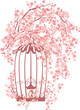 blooming spring sakura tree branches with open cage and small bird sitting among flowers vector seasonal design