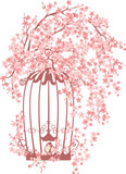 Fototapeta Boho - blooming spring sakura tree branches with open cage and small bird sitting among flowers vector seasonal design