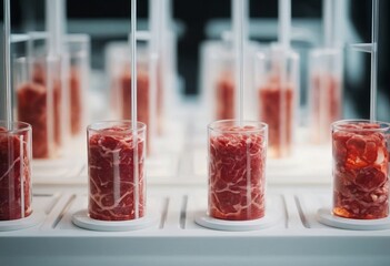 Wall Mural - Meat sample plastic cell culture dish in modern laboratory or production facility. Clean cell-based meat concept. Muscle and connective tissue cultured in vitro from animal cells.