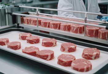 Wall Mural - Meat sample plastic cell culture dish in modern laboratory or production facility. Clean cell-based meat concept. Muscle and connective tissue cultured in vitro from animal cells.