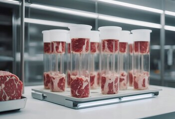 Wall Mural - Clean cell-based meat. Muscle and connective tissue cultured from animal cells. Lab-grown meat.